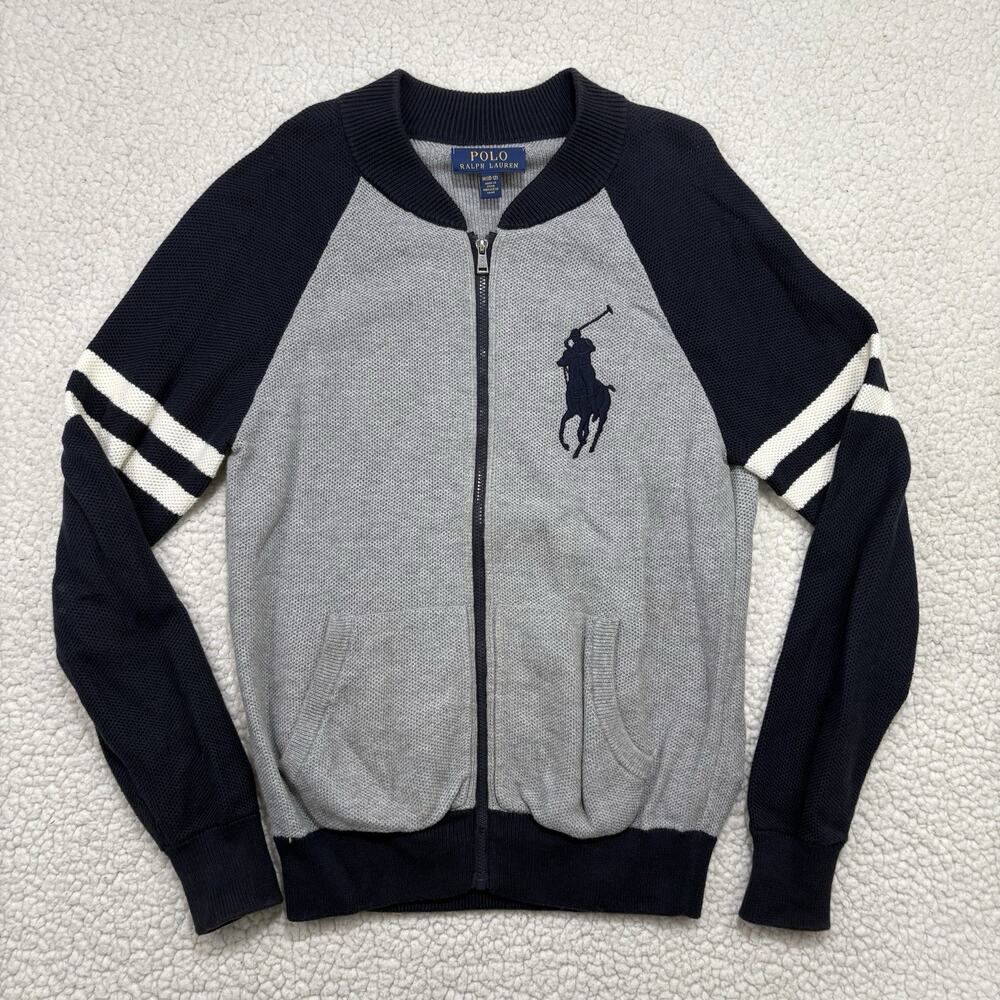 Polo Ralph Lauren Big Pony Full Zip Sweater Jacket Boys M Grey Black Mesh Raglan
